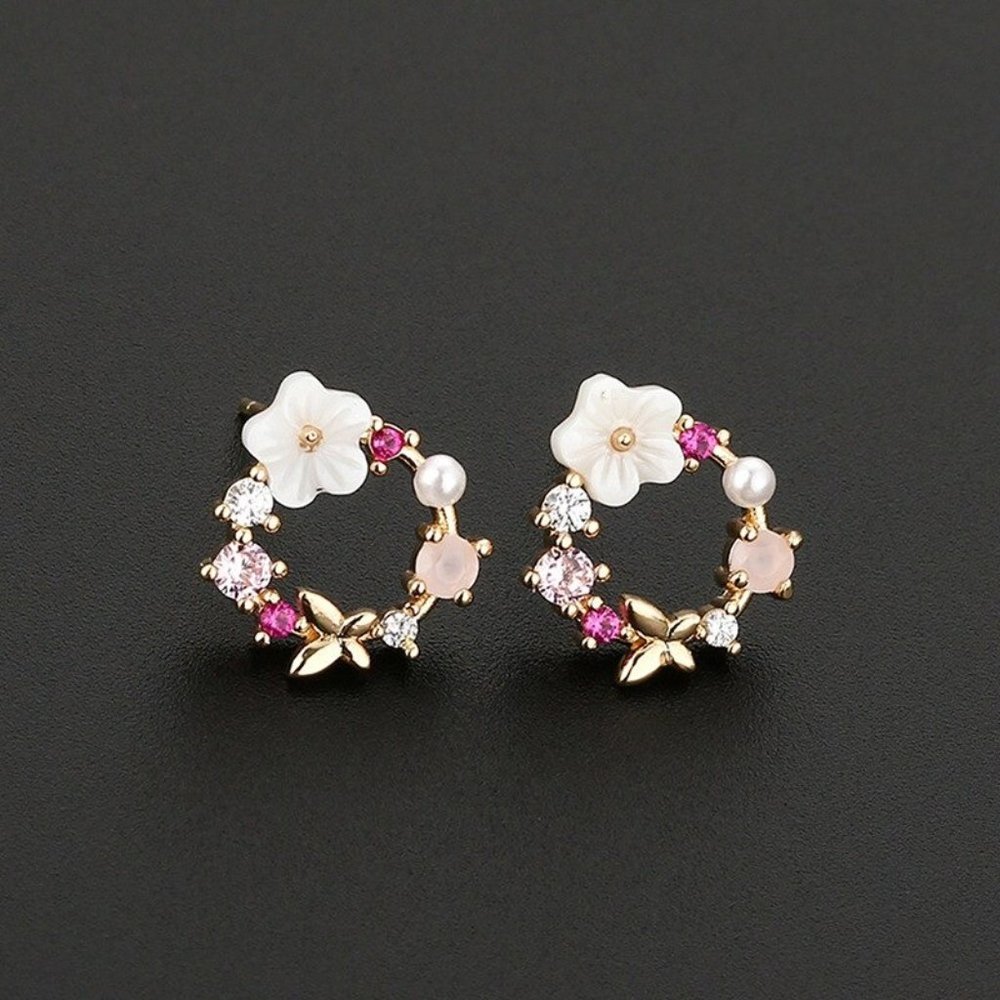 Romantic Flowers Shell Earrings Rose Gold Zircon P